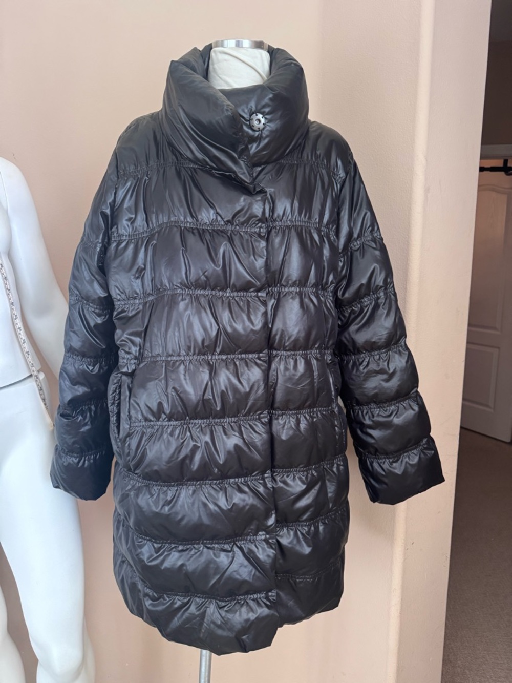 Eileen Fisher Black Quilted Puffer Coat with High Collar
